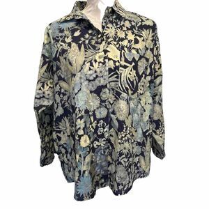 YAVI Baggy Blouse Tunic Floral Blue Yellow Small Button Front